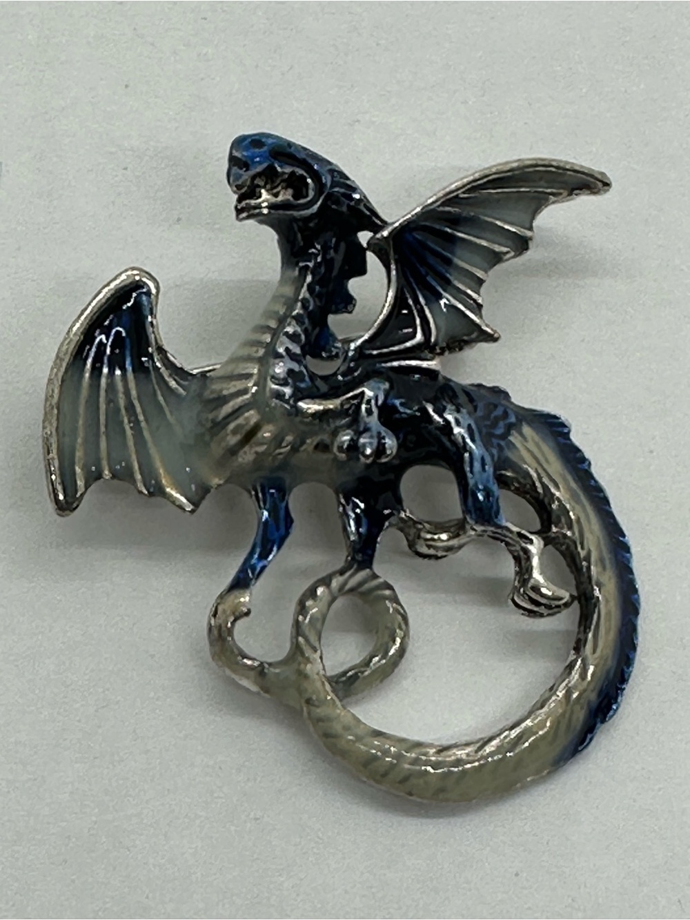 Blue and Gray Dragon Enamel Brooch - Elegant Fantasy Accent